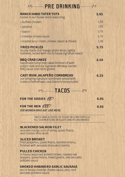 The Whiskey Garden Fort Worth Texas Food Menu
